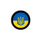 Ukrainian flag enamel pin with yellow trident on blue-yellow circle, black rim