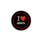 Black pinback button with red heart and 'I ♥ JESUS' text, round 1.25-inch size