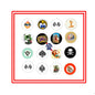 17-piece hot rod and biker pinback button set, colorful circular designs