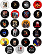 Horror character pinback buttons set of 18, circular designs with red and dark art