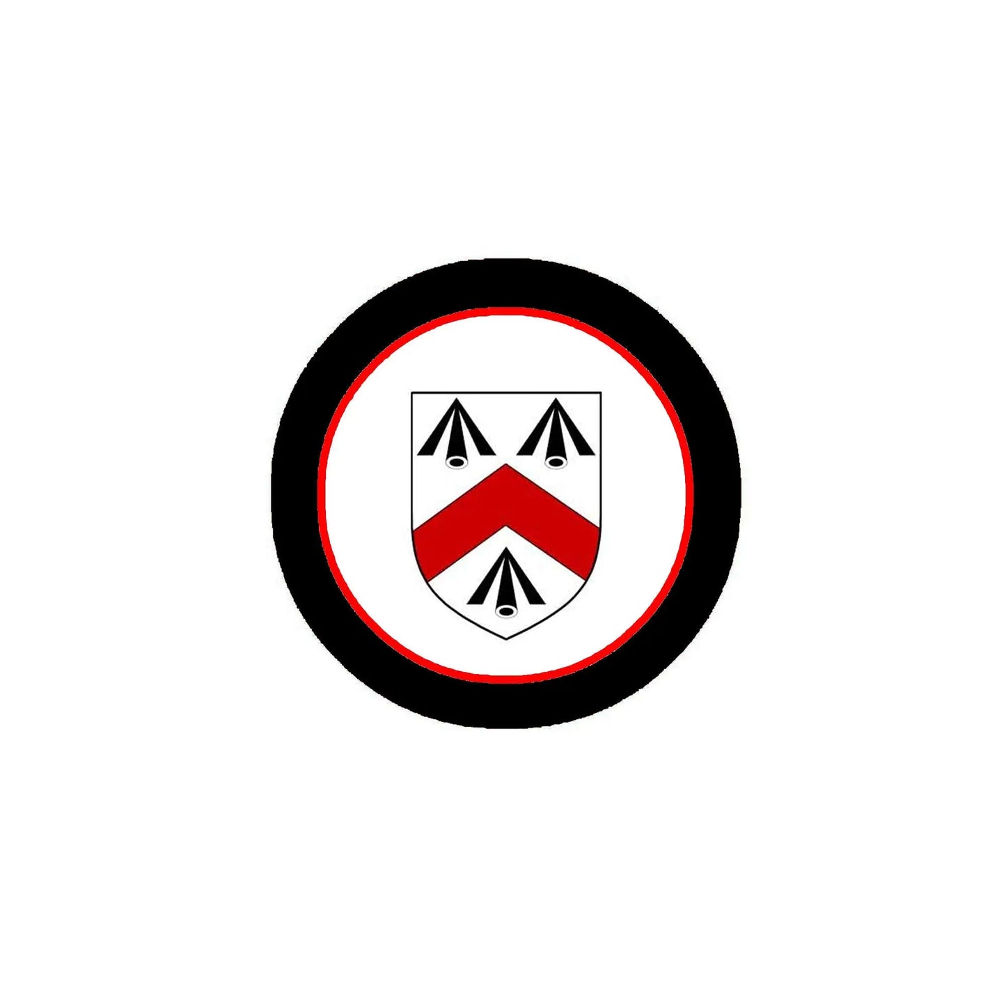 Round coat of arms pinback badge with black border and red emblem background
