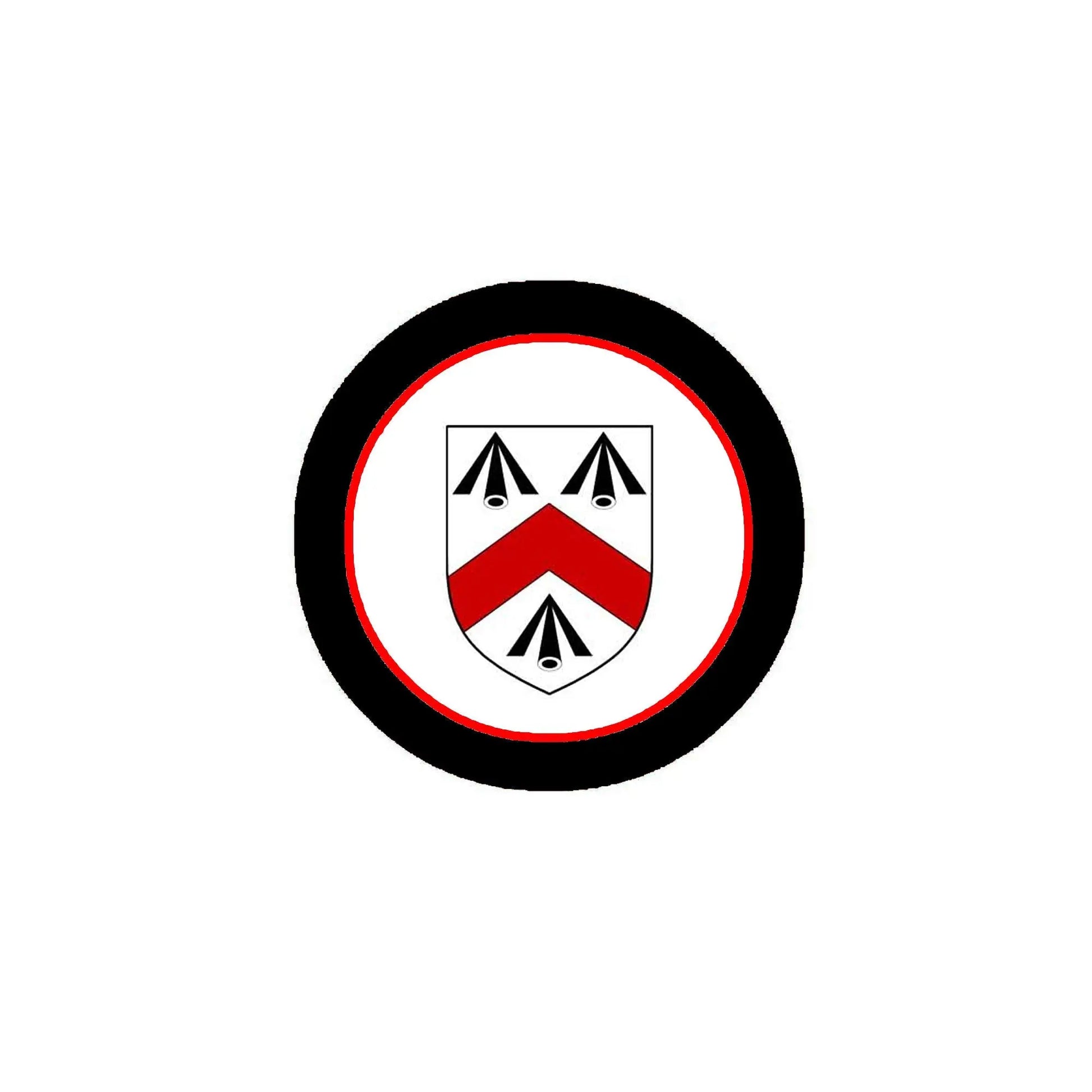Round coat of arms pinback badge with black border and red emblem background