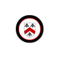 Round coat of arms pinback badge with black border and red emblem background