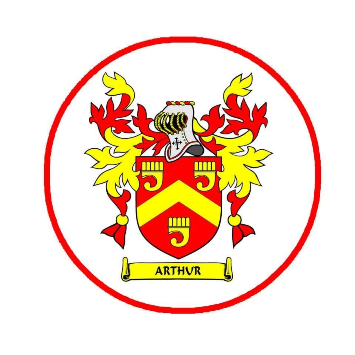 Round family crest coat of arms magnet with red border, shield, and “ARTHUR” banner