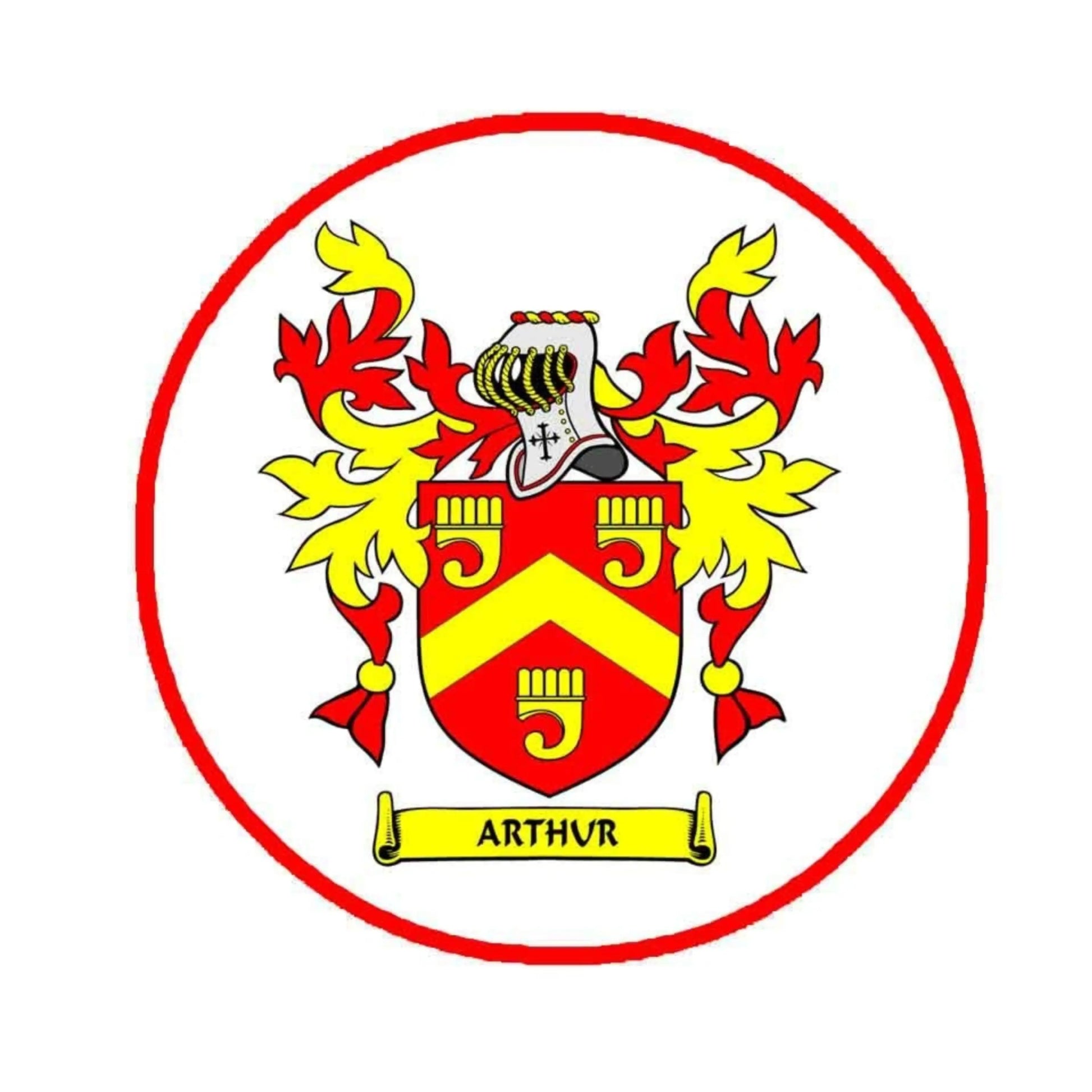 Round family crest coat of arms magnet with red border, shield, and “ARTHUR” banner