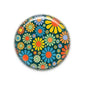 Round retro flower pin badge with multicolor daisies on teal background