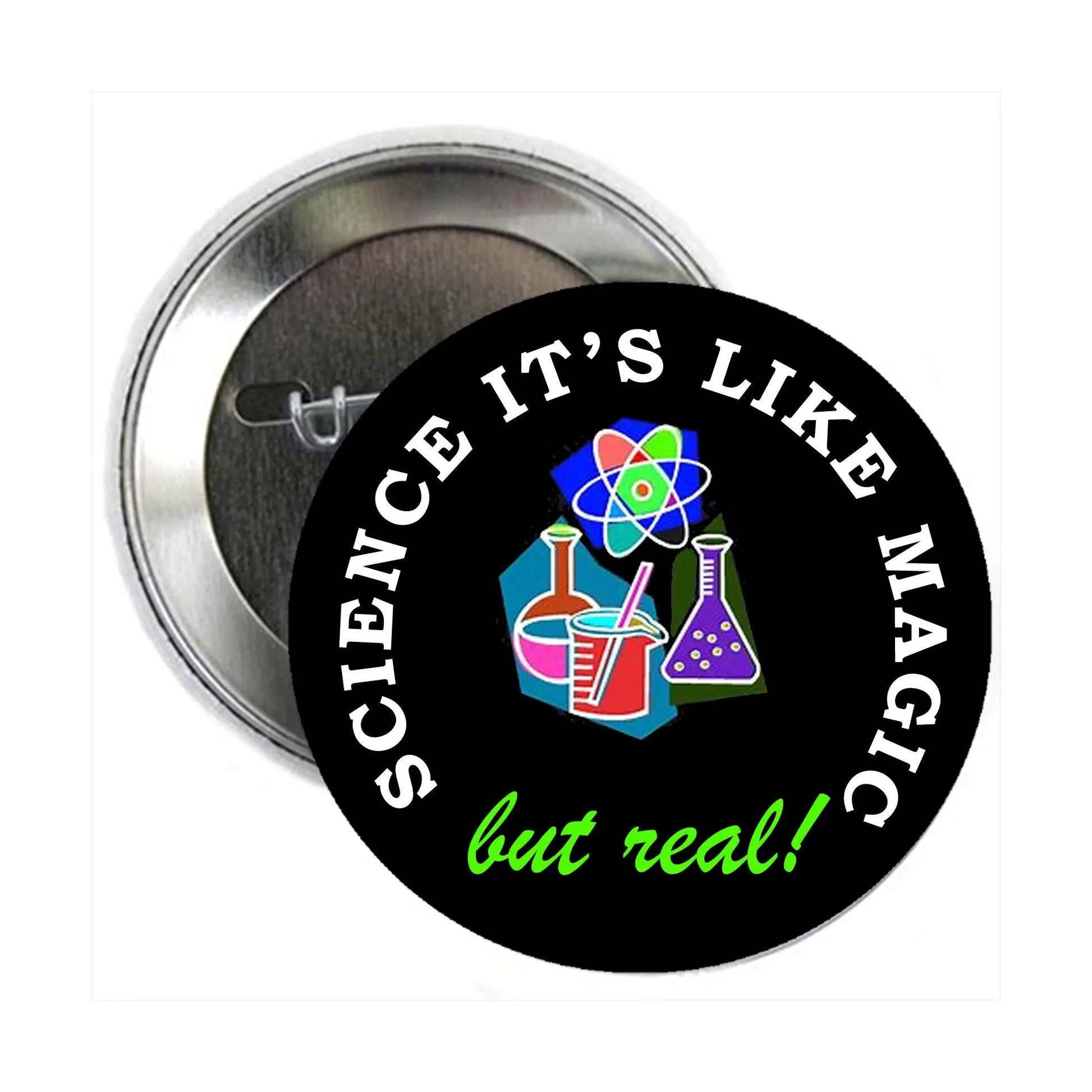 2.25-inch science pinback button, black with colorful beaker/atom graphic and white text