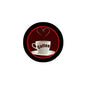 1.25-inch pinback button, black rim with red Coffee cup graphic