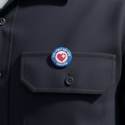 CPR First Aid AED pin on a dark uniform jacket chest pocket