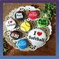 Set of 8 round softball button pins with I Love Softball and sports slogans
