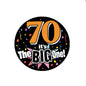 Round black 70th birthday pinback button with colorful The BIG One text and confetti
