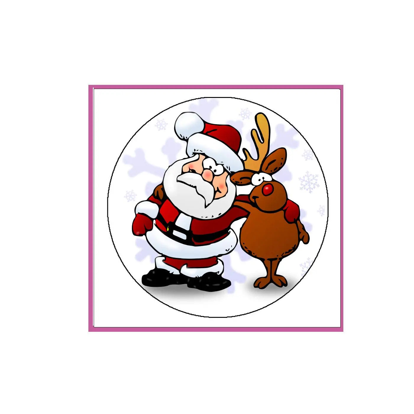 Round Christmas Santa and reindeer pinback badge, 2.25-inch