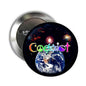 Space-themed COEXIST pinback button with Earth graphic and colorful logo, round 2.25 in