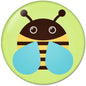 Round ladybug avatar pinback button with green background, blue wings and brown face