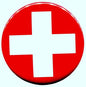 Red enamel-style button pin with white Swiss cross, 2.25-inch pinback.