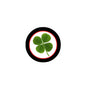 Round pinback badge with green four-leaf clover inside red ring on white