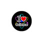 Round black pinback badge with heart and “I ♥ Science” graphic