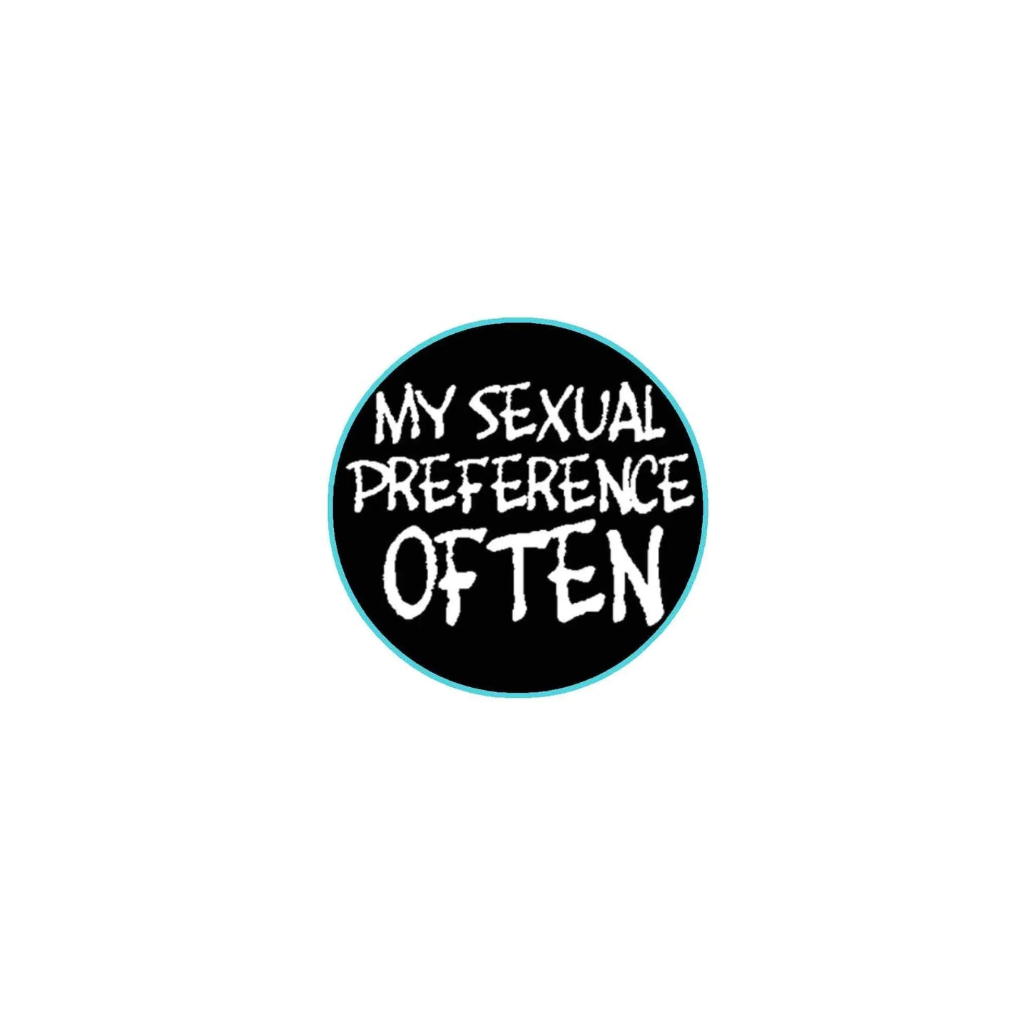 2.25-inch pinback button with black circular face, teal border, and slogan text