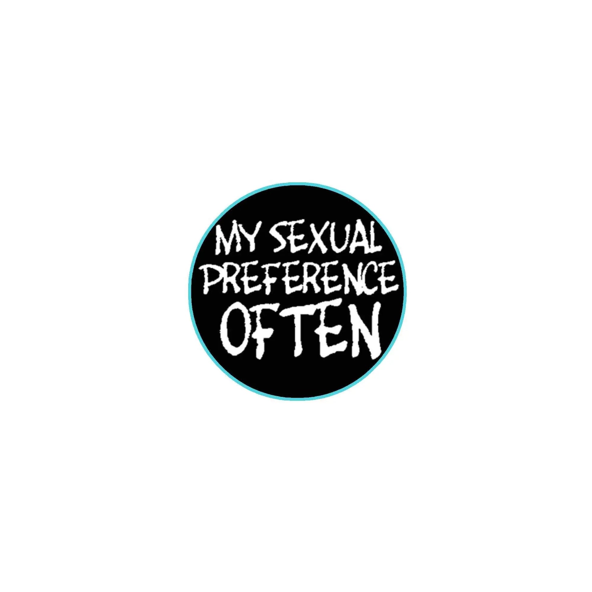 2.25-inch pinback button with black circular face, teal border, and slogan text