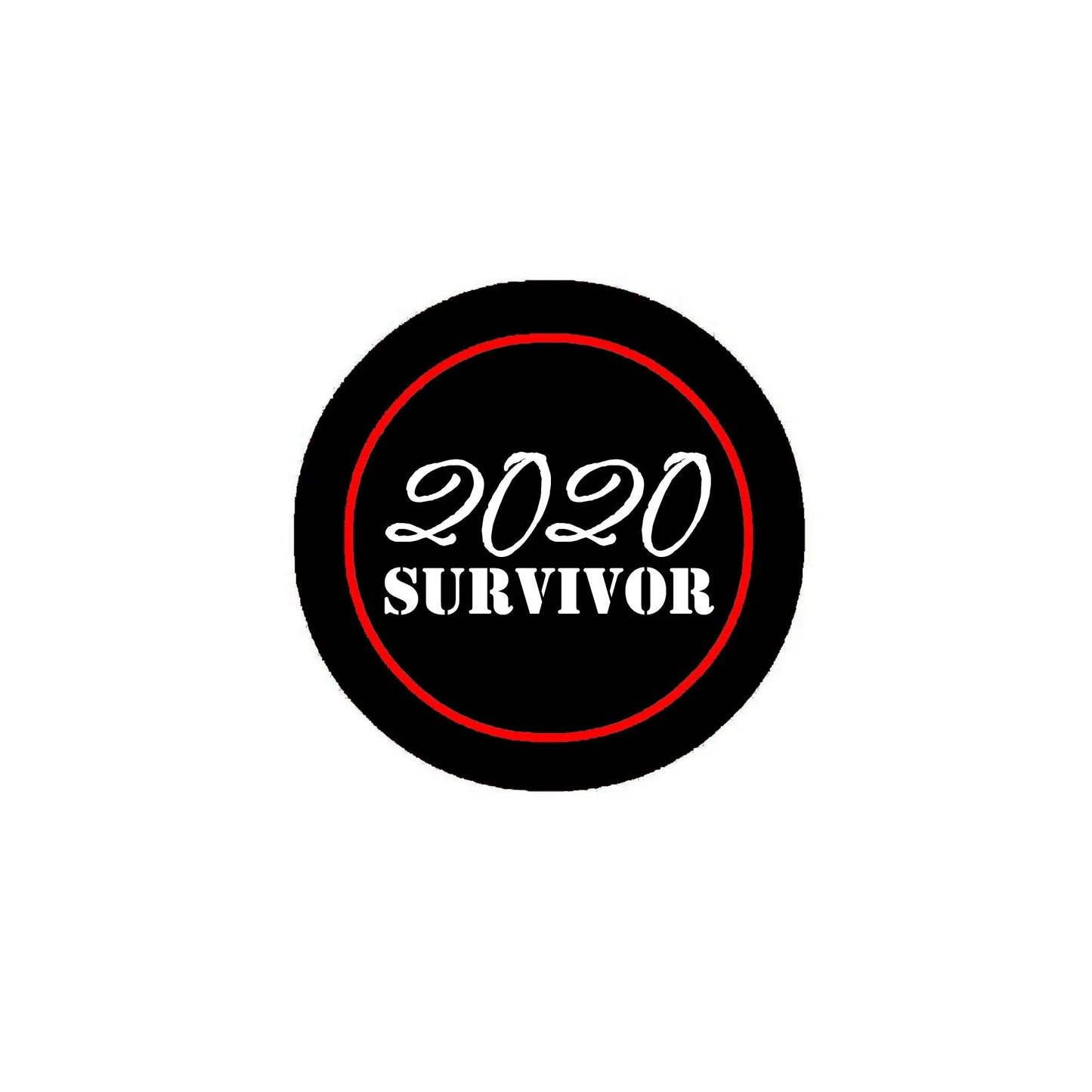 Black circular pin with red border; reads "2020 SURVIVOR" in white