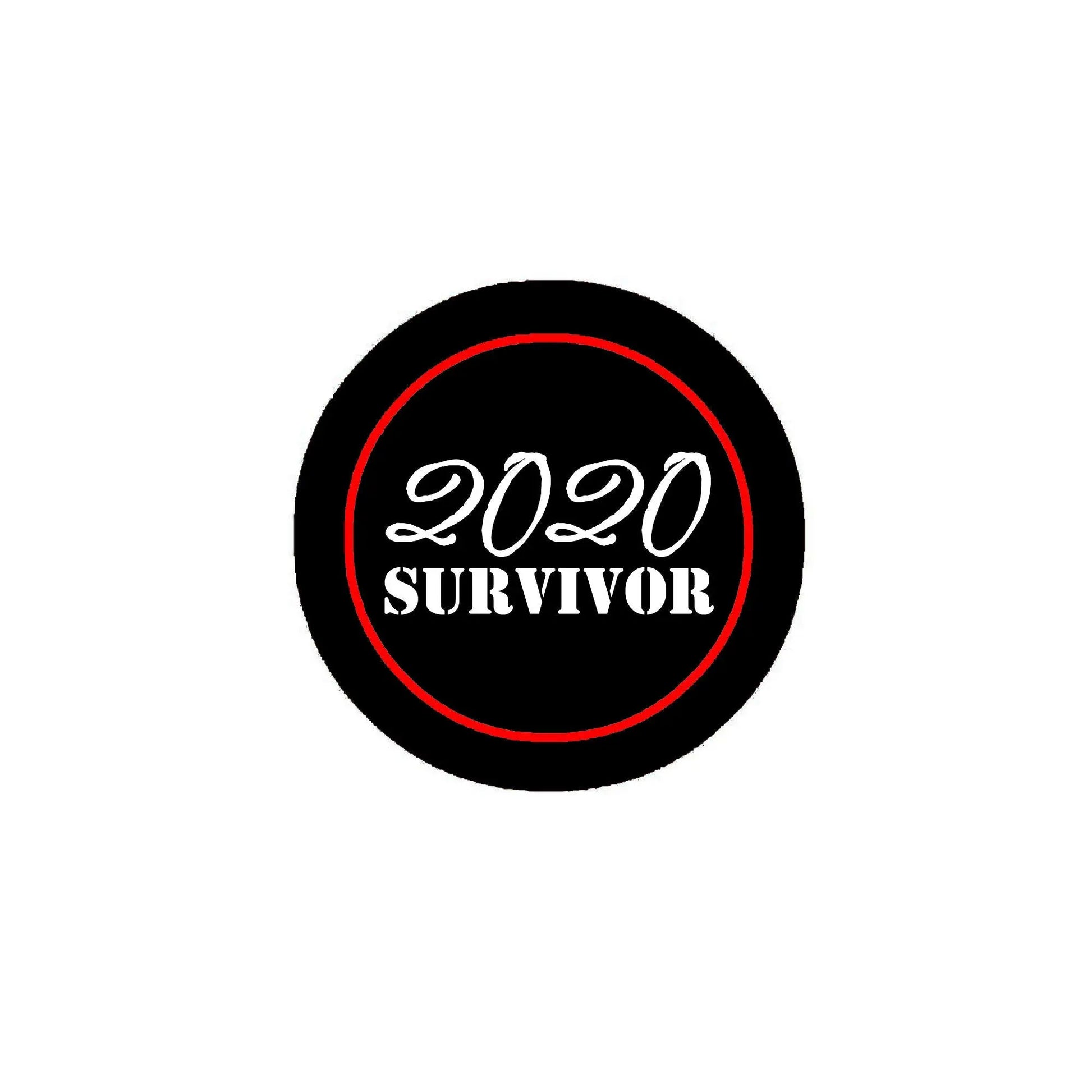 Black circular pin with red border; reads "2020 SURVIVOR" in white