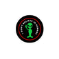 Round pinback badge with black border, red ring, and green humanoid icon with text