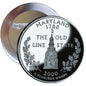 Maryland state quarter mint pinback, 2.25-inch round metal badge with statue and text