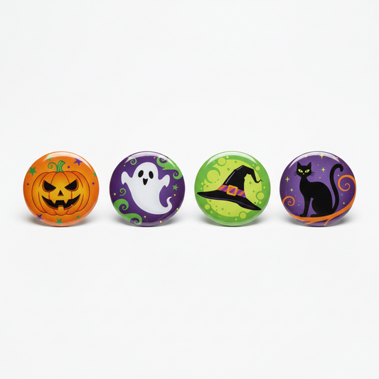 Set of 4 Halloween button pinback badges: pumpkin, ghost, witch, and cat
