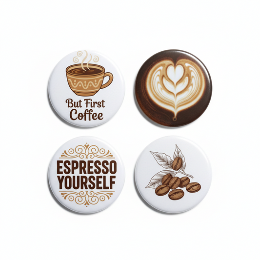 Set of 4 round coffee pinback buttons with latte art, 'But First Coffee' and 'ESPRESSO YOURSELF'