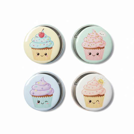 4 cupcake button pinback badges, round enamel-style pins with cute cupcake faces