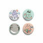 Set of 4 cute hippo cartoon pinback buttons, round with safety-pin backs.
