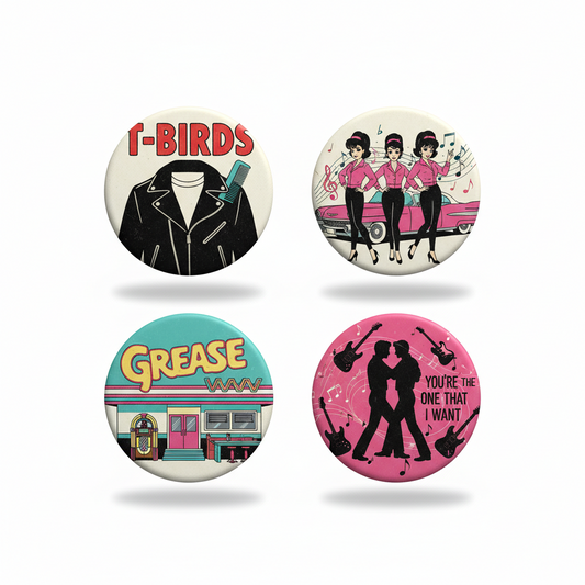 Set of 4 round enamel Pin Buttons with Grease-themed character and text designs