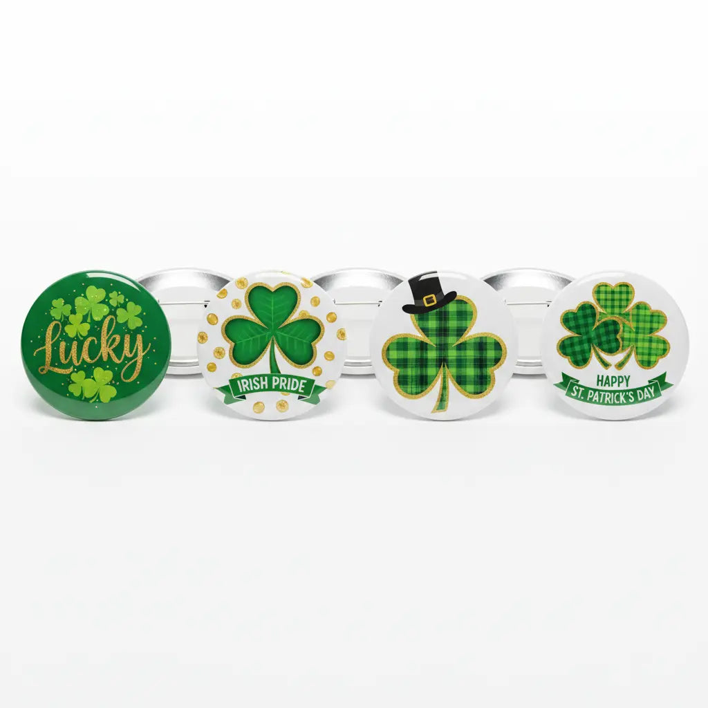 Set of four green St. Patrick's Day pinback buttons with shamrock and 'lucky' designs