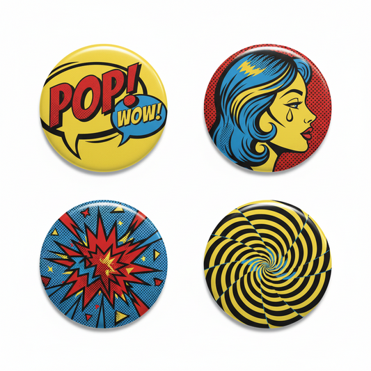 Set of four pop art Pin Buttons: POP! bubble, woman profile, burst, swirl.