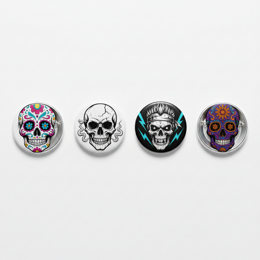 Set of four 2.25-inch skull pinback buttons with colorful designs and metal backs