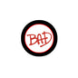 Round pinback badge with black rim and red “BAD” lettering on white center