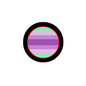 Femgender pride flag pinback button, circular with black rim and purple-striped center