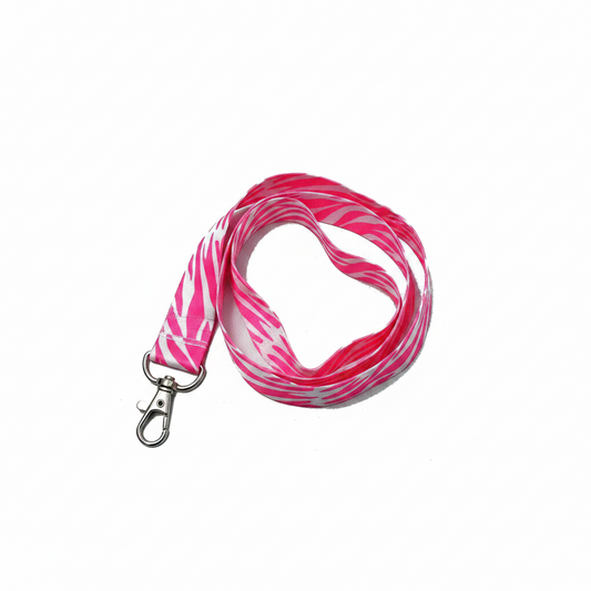 Pink zebra-pattern lanyard with silver lobster clasp and metal keyring
