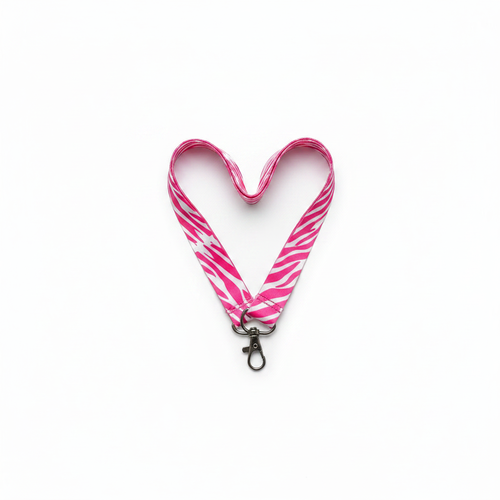 Pink zebra-pattern lanyard loop with silver clasp and metal keyring
