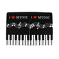 Black passport cover with piano keys, notes, hearts, and 'I ♥ MUSIC' print