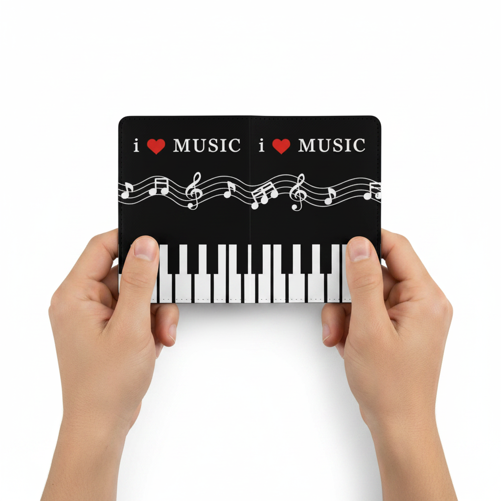 Black plastic passport cover with piano keys and "i ♥ MUSIC" print