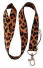 Leopard print brown lanyard with metal keyring clasp and lobster trigger