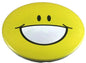 Yellow smiley face pinback button with black curved grin and white mouth