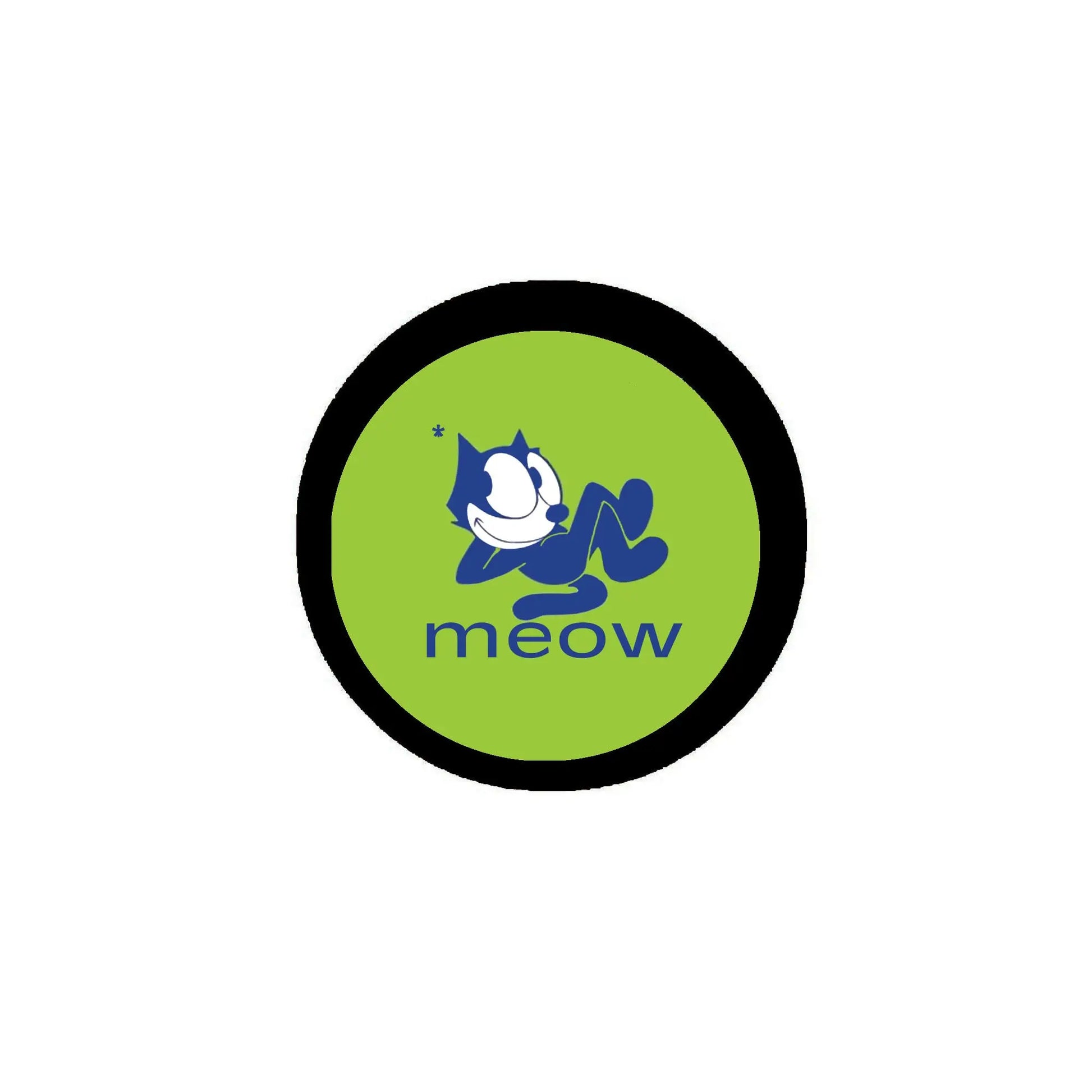 Green round cat pinback button with blue cat graphic and “meow” text, black rim