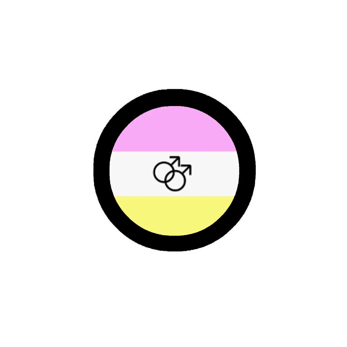 2.25-inch pride flag badge pin with black rim, pink-white-yellow stripes and symbol