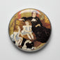 2.25-inch round pinback button with painted mother, daughters, and dog portrait.