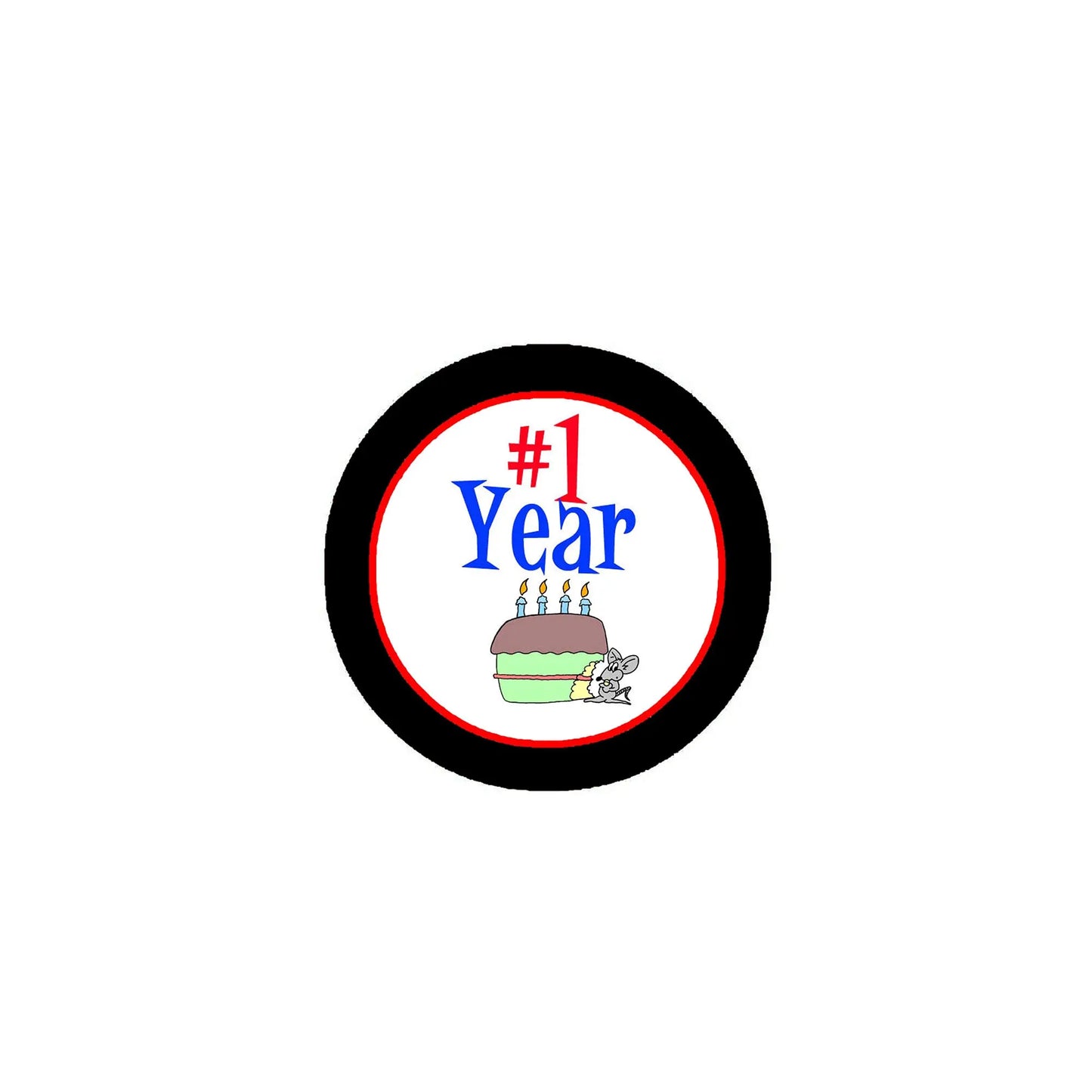1 Year #1 hashtag pinback button, round black border with blue “1 Year” text