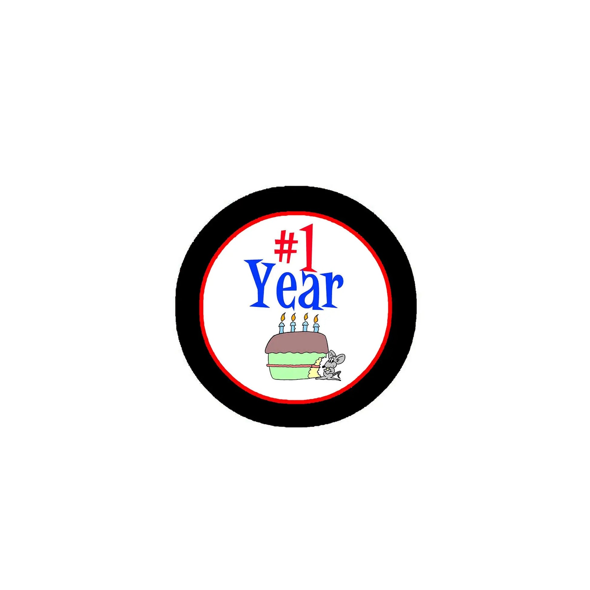 1 Year #1 hashtag pinback button, round black border with blue “1 Year” text