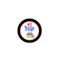 1 Year #1 hashtag pinback button, round black border with blue “1 Year” text