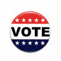 Round button pin with red, white, blue stripes and VOTE text with stars